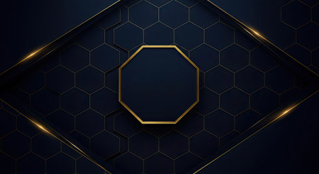 Abstract dark blue hexagon background with golden glowing frame. Vector illustrationの写真素材