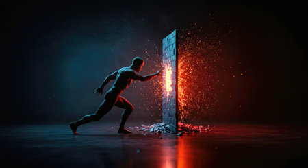 Man breaking a wall with a knife. 3d rendering toned imageの写真素材