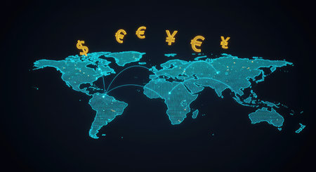 Digital world map with currency symbols. The concept of global business.の写真素材