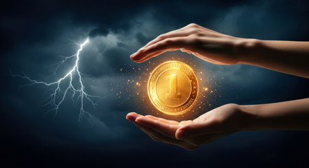 Close up of human hands holding shining golden bitcoin coin. Cryptocurrency conceptの写真素材