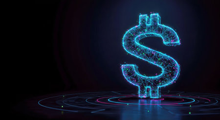 Dollar symbol with neon lights on dark background. 3D renderingの写真素材