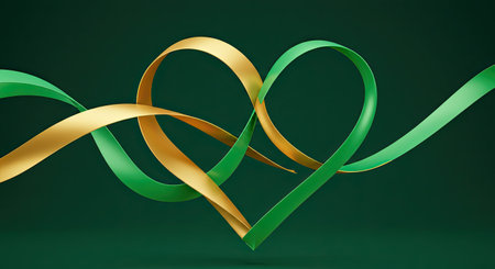 3d rendering of green and golden ribbon in heart shape on green backgroundの写真素材