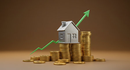 House on the gold coins with growth graph. Real estate investment concept.の写真素材