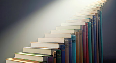 Pile of books on a shelf in a library. 3d renderの写真素材