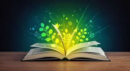 Open book with green leaves on wooden deck and dark wall background.
