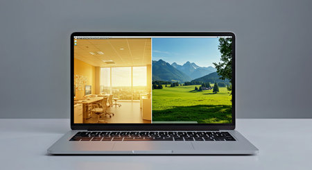 Modern laptop on white table with white wall and mountain view. 3d rendering.