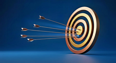 Archery target with arrows, 3d render, business success conceptの写真素材