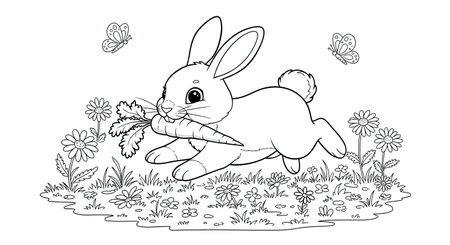 Rabbit with a carrot in the grass. Coloring book for children.のイラスト素材