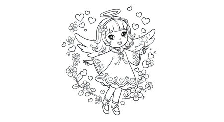 Cute little fairy with flowers and hearts. Coloring book for children.のイラスト素材
