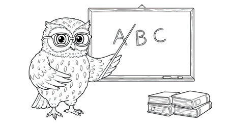 Coloring book for children: owl with a blackboard and booksのイラスト素材