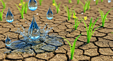 Water drop and sprout on cracked earth background, global warming concept