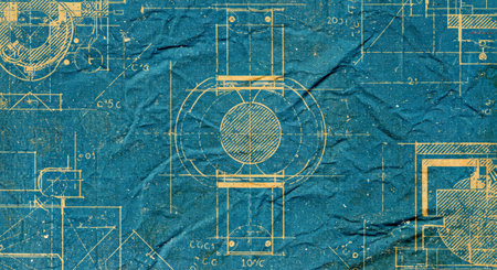 Mechanical engineering drawing on old blue crumpled paper background.