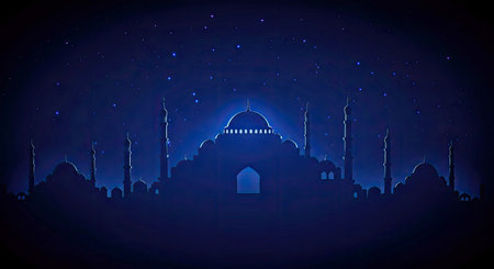 Mosque in the night sky. Ramadan Kareem. Vector illustration