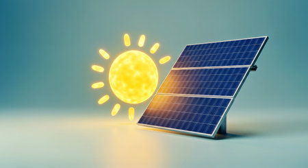 Solar panel with sun icon. Alternative energy concept. 3D rendering