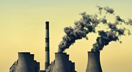 Power plant with smoke from chimneys at sunset. 3d render