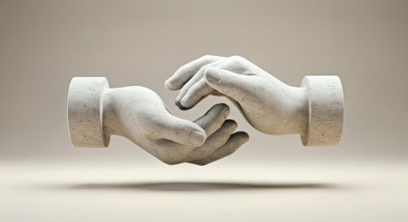 Two hands holding each other on a gray background. 3D rendering