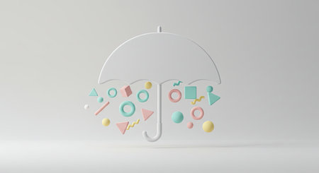 3D rendering of a white umbrella in a white background, with colorful shapes