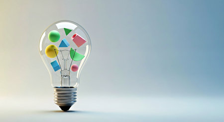 Conceptual image with lightbulb and colorful icons on it