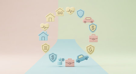 3D rendering of home insurance with icons in pastel colors.