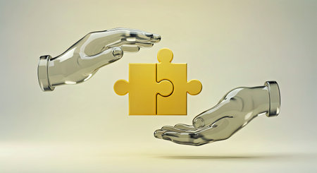 3d rendering of a human hand holding a golden puzzle piece.