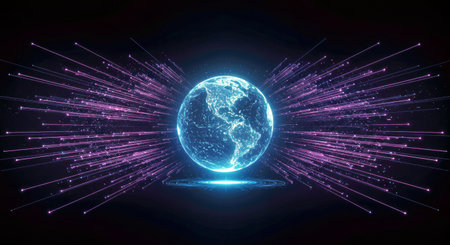 Glowing globe with glowing lines and particles. Futuristic technology style. 3D rendering