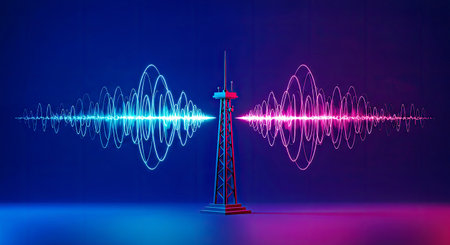 3D illustration of a radio tower with frequency waves on blue background.