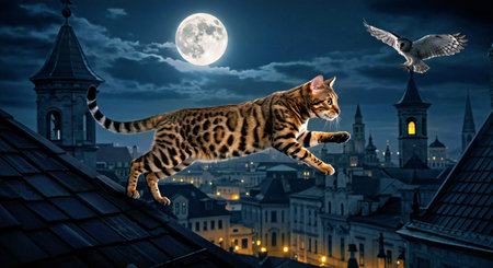 Bengal cat flying above the city at night. Mixed mediaの写真素材