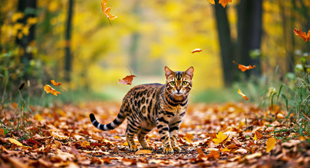 Bengal cat walking in the autumn forest with fallen leaves.