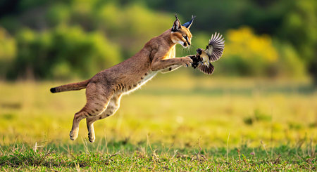 Caracal, Caracal lynx, single mammal with prey, South Africaの写真素材
