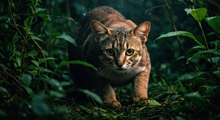 Beautiful young cat in the forest. Wildlife scene from nature.
