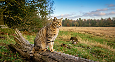 A cat sitting on a log in a meadow with trees in the backgroundの写真素材