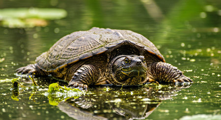 turtle in the water in the sun on a sunny summer dayの写真素材