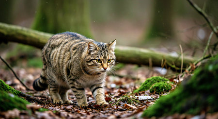 european shorthair cat walking in the forest looking for foodの写真素材