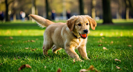 Cute golden retriever puppy playing with a ball in the parkの写真素材