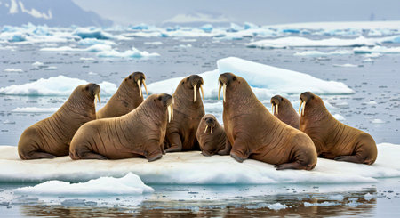 Group of walrus resting on the ice floe.の写真素材