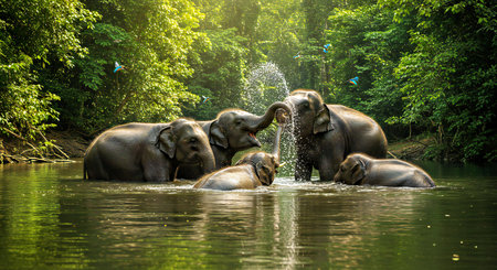 Elephants bathing in the river in Chiang Mai, Thailand