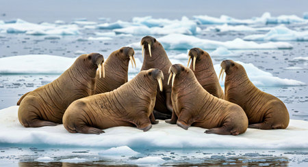 Group of walrus sitting on the ice in the arctic.の写真素材
