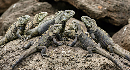 Group of green iguanas resting on a rock in Costa Ricaの写真素材