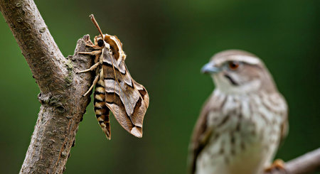 Moth and moth are mating on a branch in the forest.の写真素材