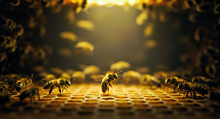 Close up view of the working bees on honeycells. selective focusの写真素材