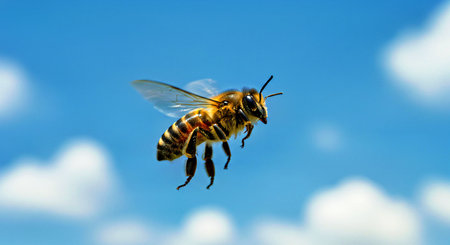 Bee on blue sky background. Macro shot of a bee in flight.の写真素材