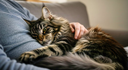 Siberian cat in the arms of a man. Selective focus.の写真素材
