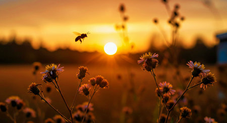 Sunset over a meadow with daisies and bee.