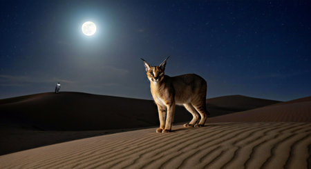 Caracal in the desert at night with full moon in the background