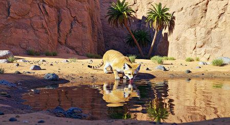 Egyptian fox drinking water in the desert of Wadi Rum.の写真素材
