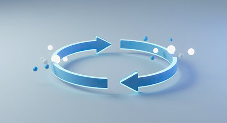 3d rendering of blue circle arrows in light blue background with copy space