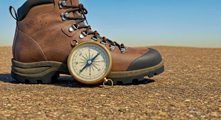 Pair of hiking boots with a compass on the ground against a blue sky