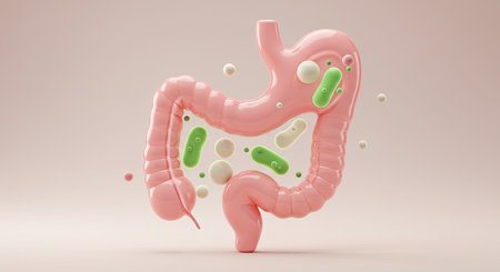 Large intestine with many small cells. 3D illustration. Medical concept.