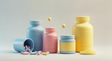 Pills spilling out of pill bottle on grey background. 3D renderingの写真素材