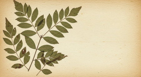 Old paper background with rowan leaves. Vintage toned image.の写真素材